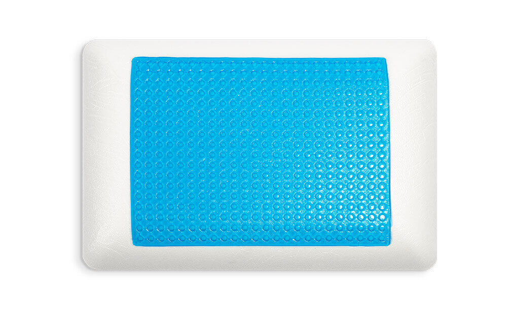Top view of GoodMorning.com Cooling Gel Memory Foam Pillow without the cover to show the blue gel pad on one side.