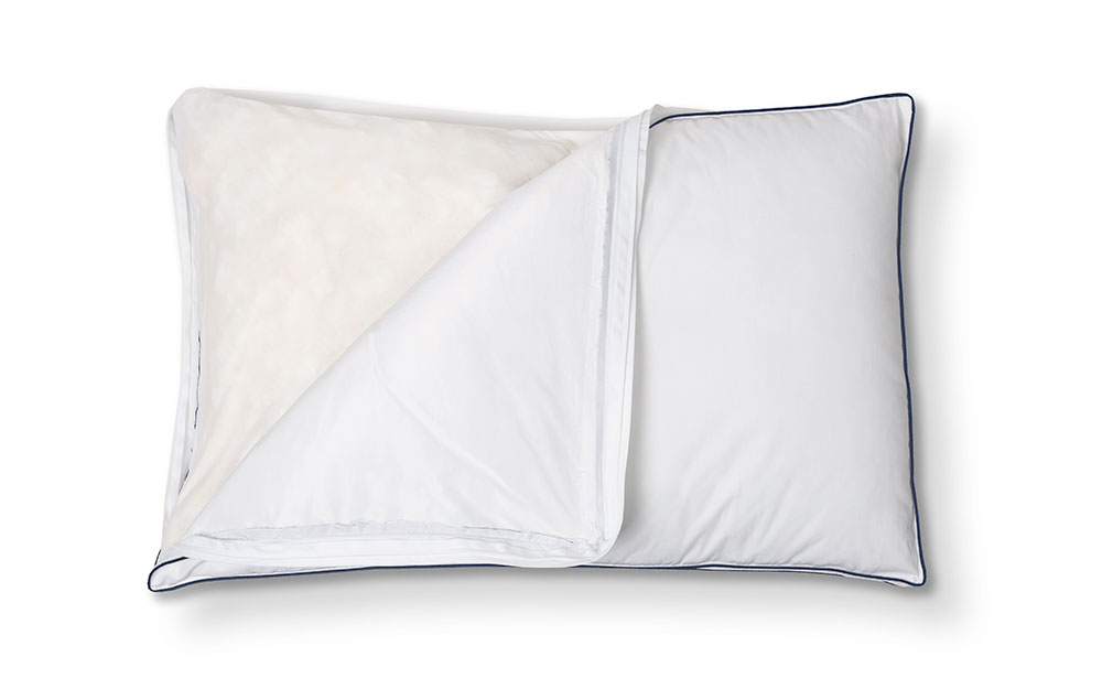 GM-Pillows-TopZip-MemoryFoam-SizeComp-4000x3000 Top view of the Adjustable Memory Foam Pillow, with cover zipped away showing the fluffy foam interior