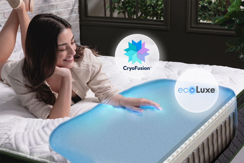 Woman lying on Logan & Cove mattress, touching the cover, with CryoFusion and EcoLuxe logos on top 